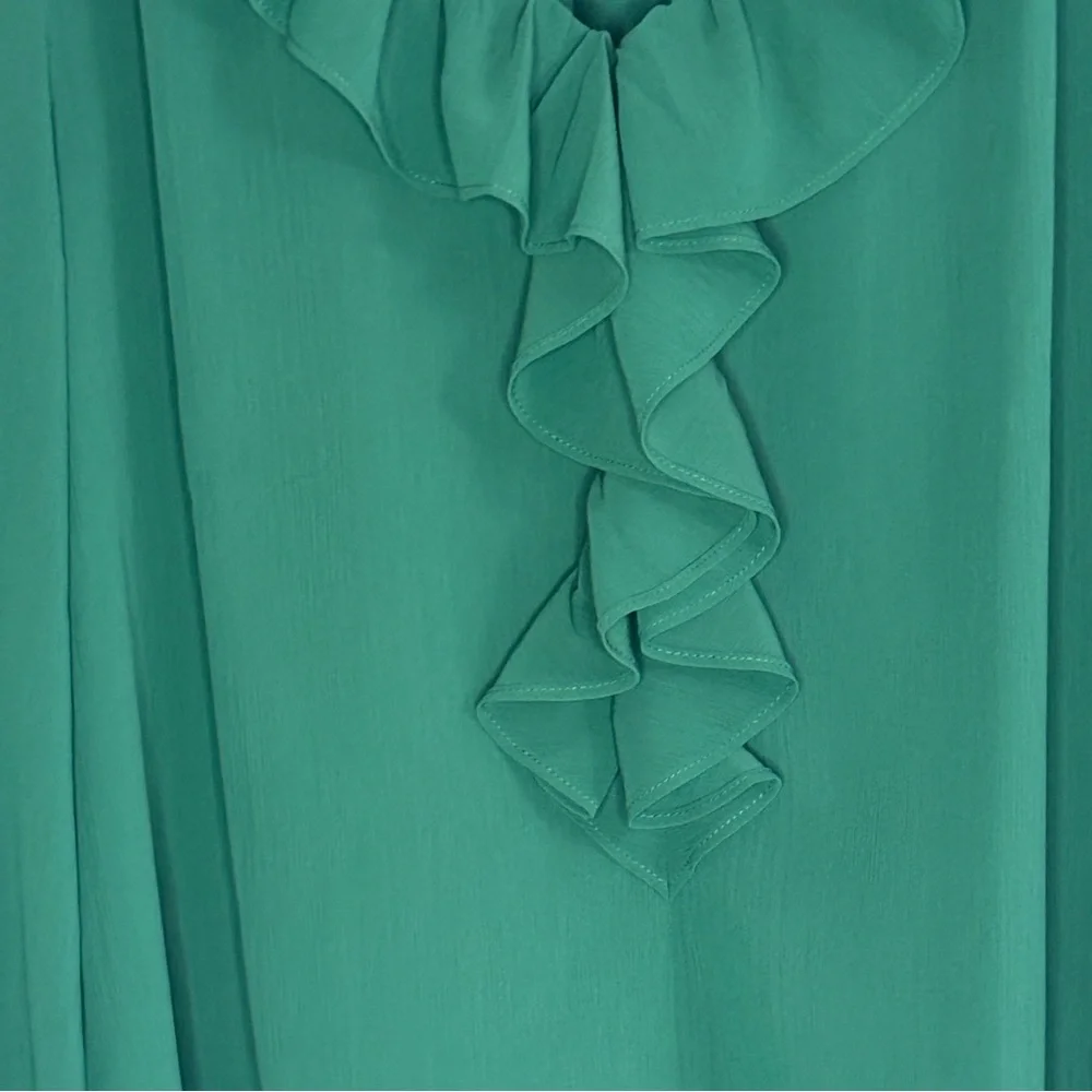 J Crew Chiffon Ruffle Neck 3/4 Sleeves Green Top Sz XS